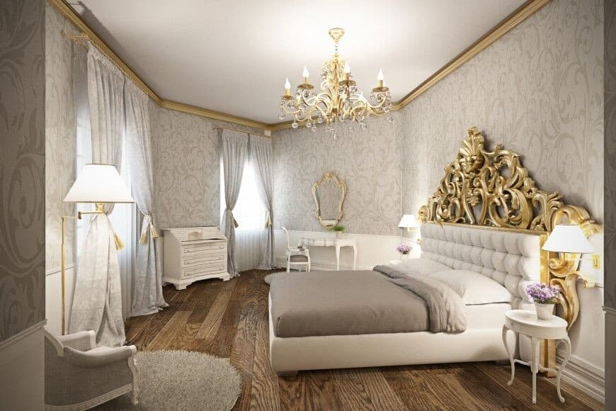 The white furniture , artistic wall papers on the wall and bright golden borders make this modern bedroom dazzling and glittering. The artwork of the head board is exceptional. The stunning wooden floor takes nothing away from this lofty bedroom.