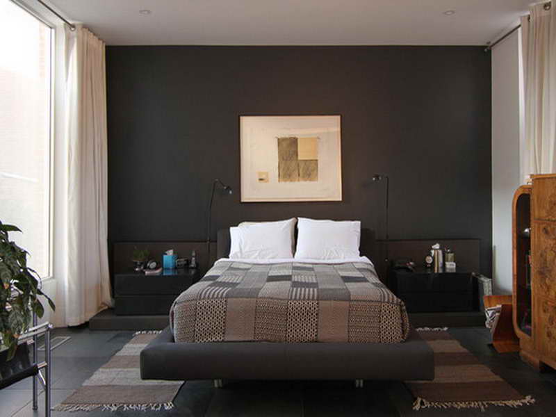 A wonderful dark colored bedroom with the head-side wall completely dark. An abstract white painting is placed on the wall. The walls and roof are light colored while the drapes are cream colored.