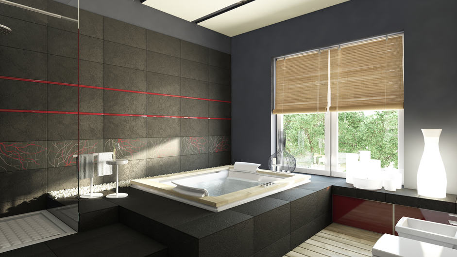 A black bathroom with jazzy arrangements with the tub placed beside a large window .