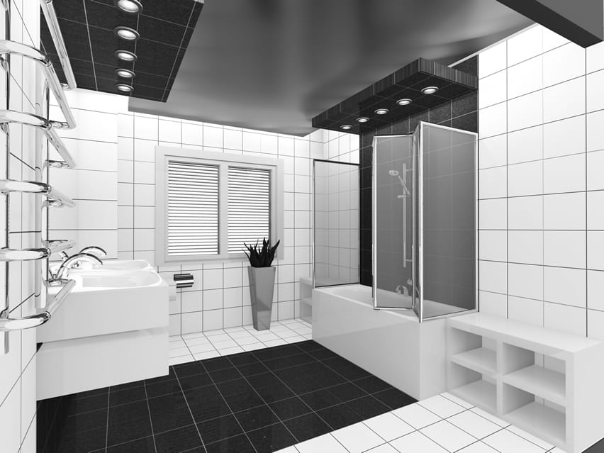 An ultra-modern bathroom that makes use of different shapes and forms . It uses white and black tiles for both floor and walls. The drop ceiling has black tiles too. Fixtures are also modern, predominantly in white ceramic finish and chrome finish for the faucets, handles and accessories