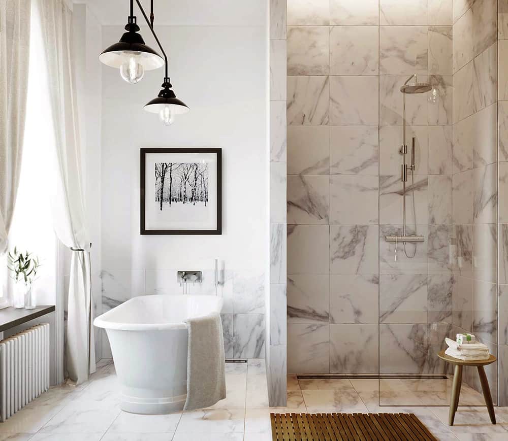 All marble bathrooms are stunning when designed properly . You can make it even more adorable with artistic painting and a large window .